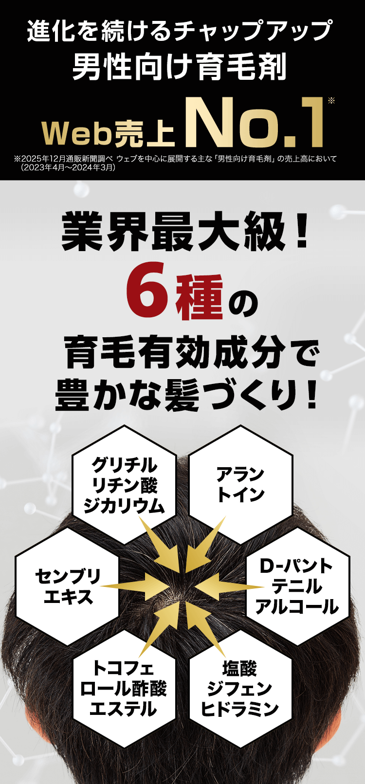 進化を続けるチャップアップ男性向け育毛剤Web売上No.1 ※2022年12月通販新聞調べ ウェブを中心に展開する主な「男性向け育毛剤」の売上高において(2020年4月~2021年3月)